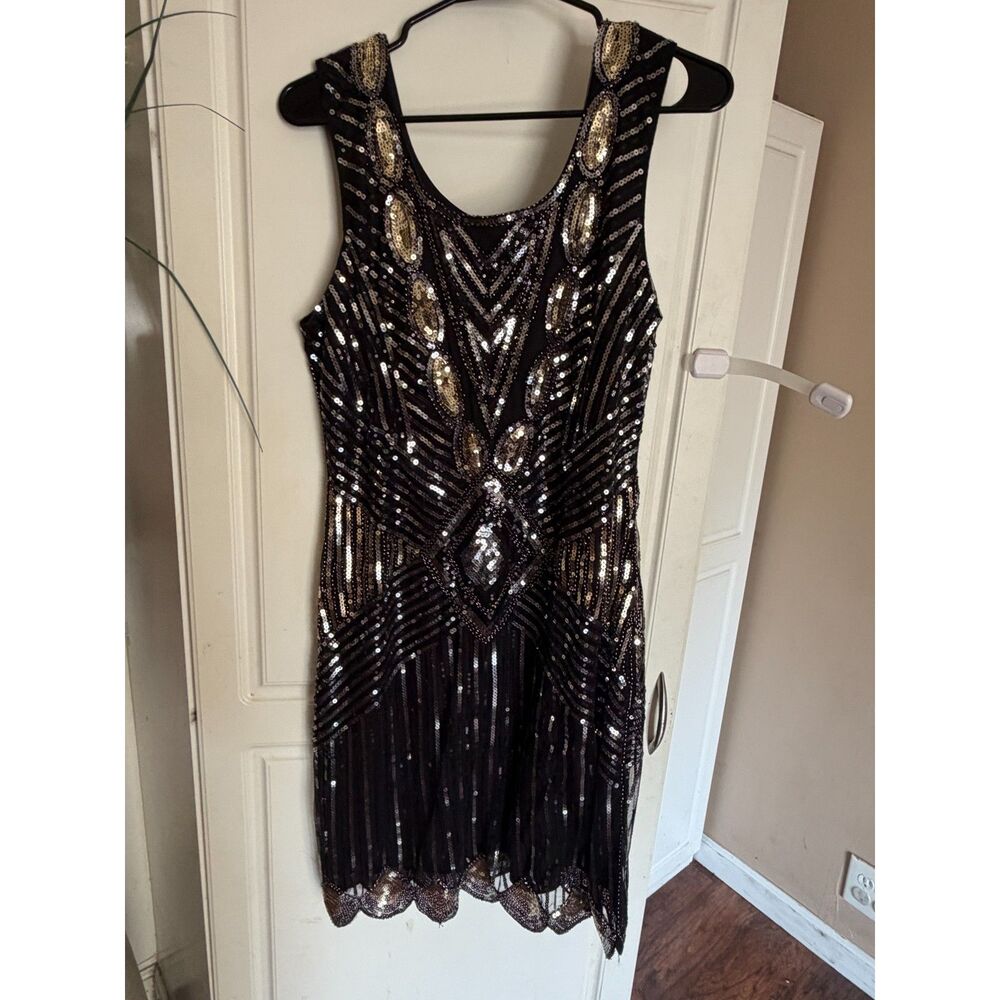 Babeyond Women’s L 1920s Flapper Costume Dress Black Gold Sequin Gatsby NWT